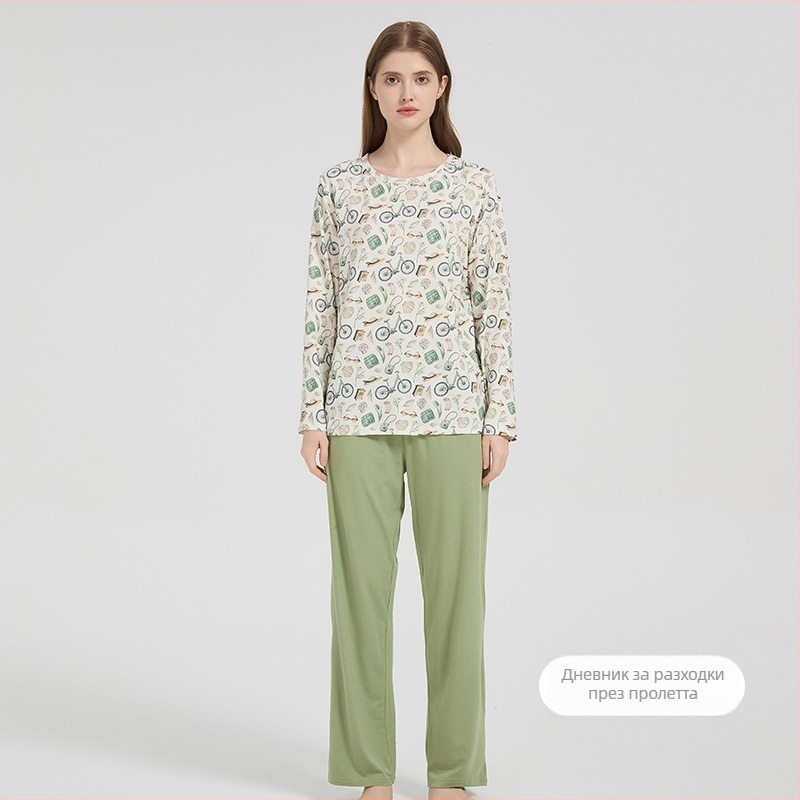 Женски пижамен комплект от бамбуков памук с еластичност — нежен към кожата, домашно облекло, мотив анимационен, подходящ за всички сезони
