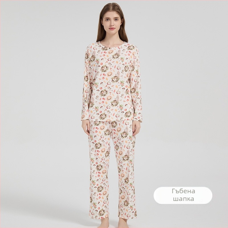 Женски пижамен комплект от бамбуков памук с еластичност — нежен към кожата, домашно облекло, мотив анимационен, подходящ за всички сезони