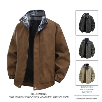 PU кожено яке за мъже, свободен силует, V-образно деколте, двойно закопчаване, странични джобове