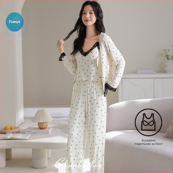 Пижамен комплект от три части за жени, 100% памук, с подплънки за бюст, презрамки, дълги ръкави, кръгло деколте, лек домашен облекло за пролет и есен