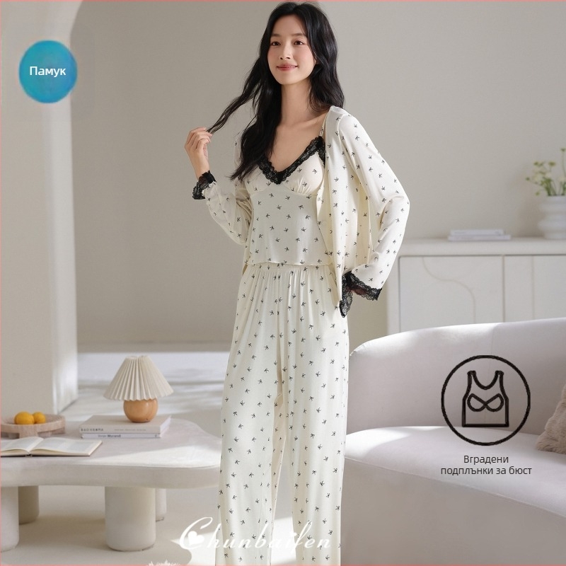 Пижамен комплект от три части за жени, 100% памук, с подплънки за бюст, презрамки, дълги ръкави, кръгло деколте, лек домашен облекло за пролет и есен