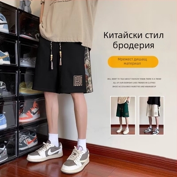Мъжки къси панталони с бродерия в китайски стил – капри, свободна кройка, полиестер 90%, микроеластичност, лято спорт