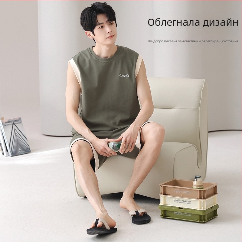 Комплект пижами - Памук, безръкав потник и къси панталони, кръгло деколте, тънък плат 141-160 г/м2, за млади мъже