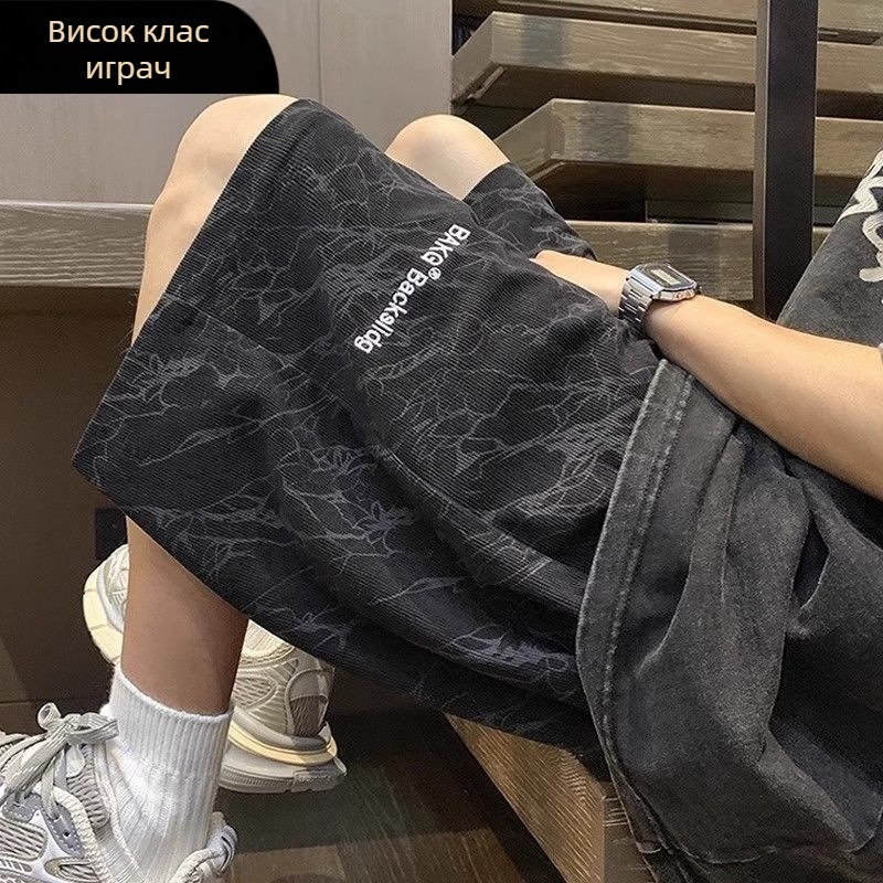 Мъжки къси панталони, прави крачоли, средно-ниска талия, полиестер, летни ежедневни спортни шорти