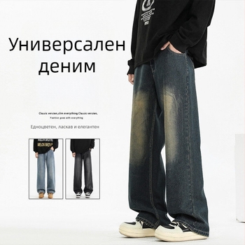 Мъжки дънки с поларена подплата за зима, права кройка, средна талия, цип за закопчаване, памучно‑смес