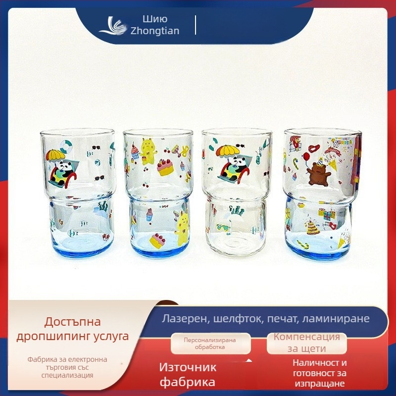 Стъклена чаша за вода от темперирано стъкло с карикатурен дизайн, кръгла без дръжка, термоустойчива, за чай и кафе, възможност за персонализация