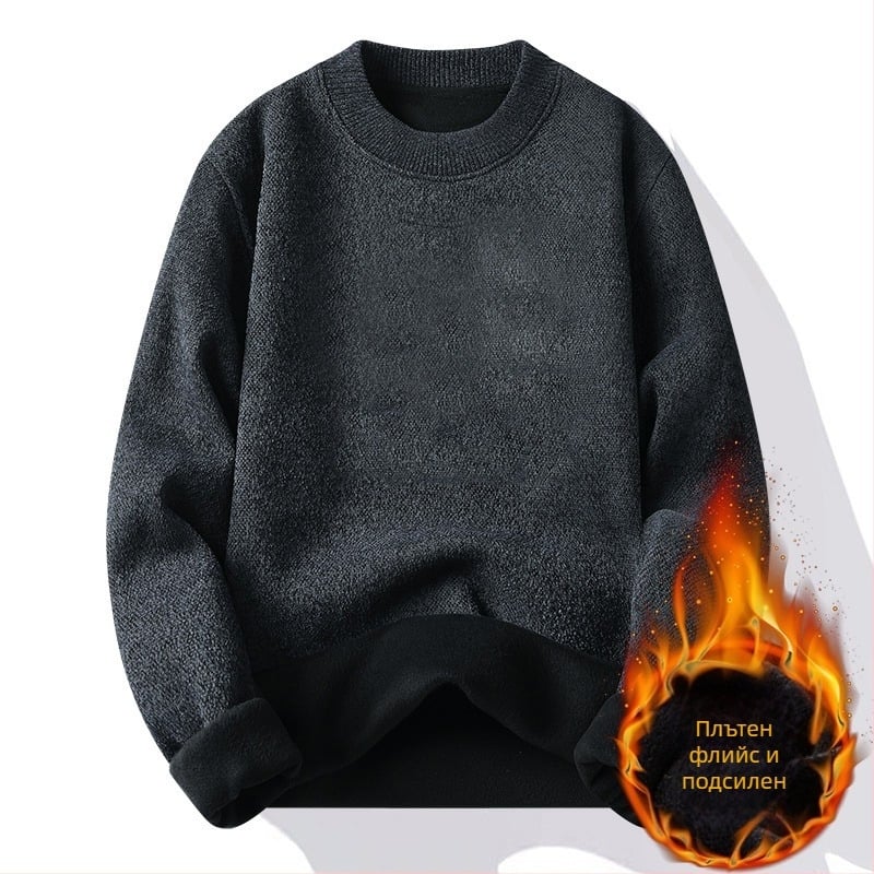 Мъжки зимен плетен пуловер с кръгла яка, дълги ръкави, свободна кройка, минималистичен стил