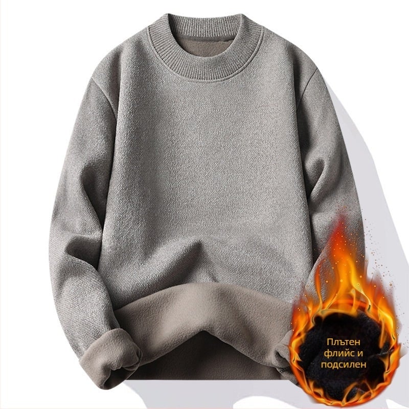 Мъжки зимен плетен пуловер с кръгла яка, дълги ръкави, свободна кройка, минималистичен стил