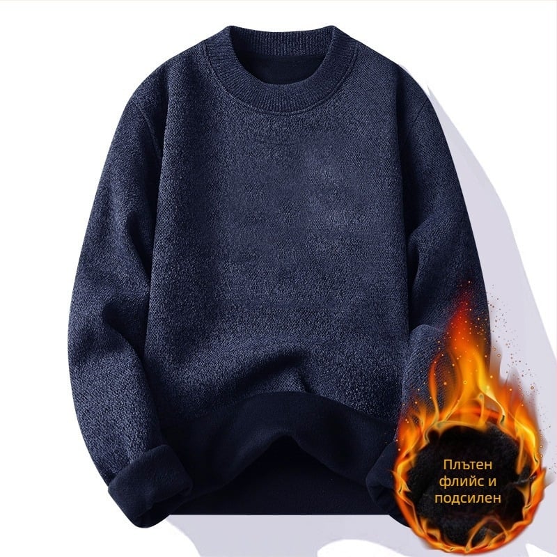 Мъжки зимен плетен пуловер с кръгла яка, дълги ръкави, свободна кройка, минималистичен стил