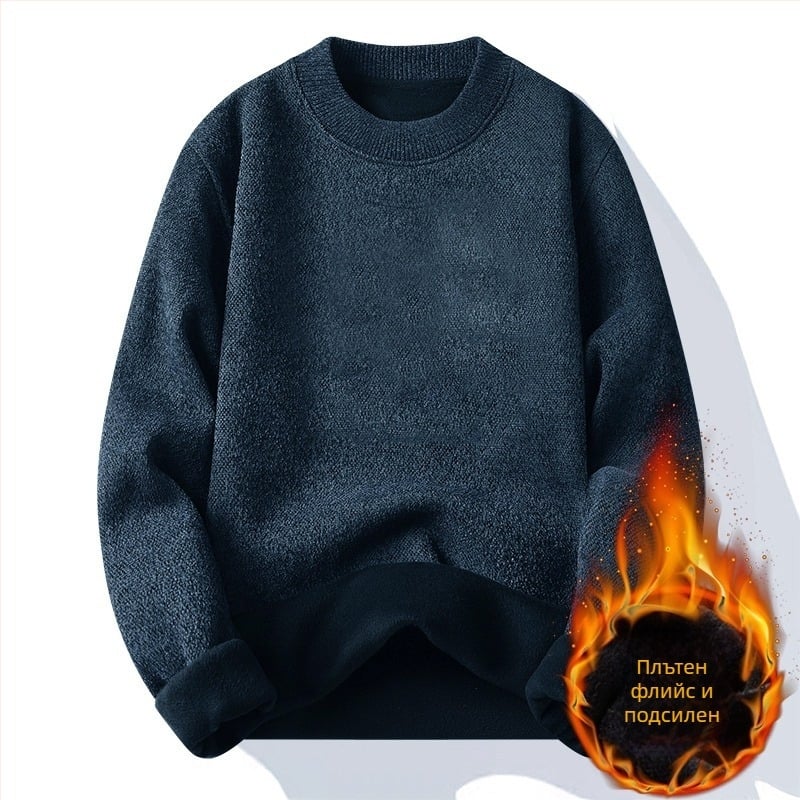 Мъжки зимен плетен пуловер с кръгла яка, дълги ръкави, свободна кройка, минималистичен стил