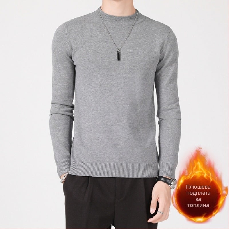 Мъжки плетен пуловер със стойка яка, Slim fit, дълги ръкави, с кадифена подплата, основна материя: вискоза 49,1%; полиестер 29,3%; найлон 21,6%