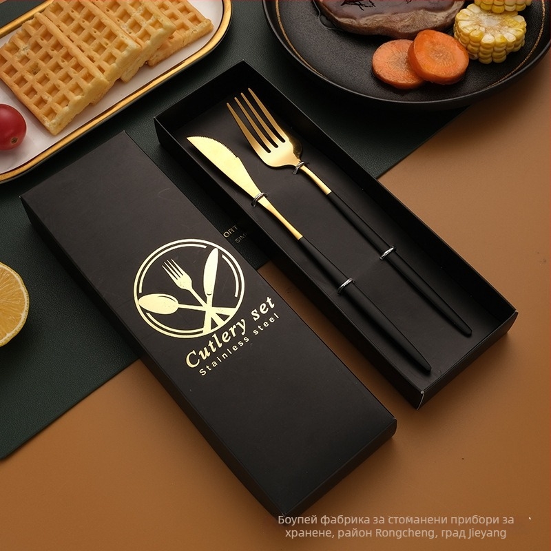 Неръждаем комплект прибори за хранене: нож, вилка, лъжица и палочки за хранене – 410 неръждаема стомана, огледално полирани, подаръчна опаковка, възможност за персонализация