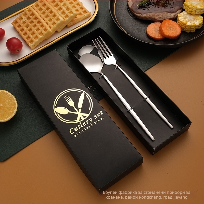 Неръждаем комплект прибори за хранене: нож, вилка, лъжица и палочки за хранене – 410 неръждаема стомана, огледално полирани, подаръчна опаковка, възможност за персонализация