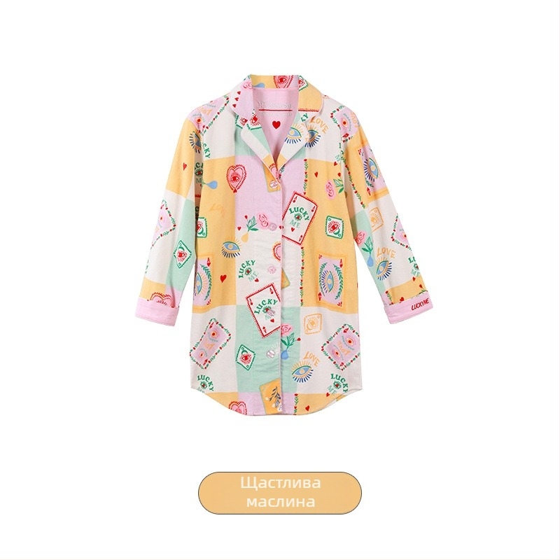 Памучен пижамен комплект с кадифено покритие, яка с лацeл, дълги ръкави; 181–200 g/m2; ежедневен домашен стил за жени, подходящ за зима, пролет и есен