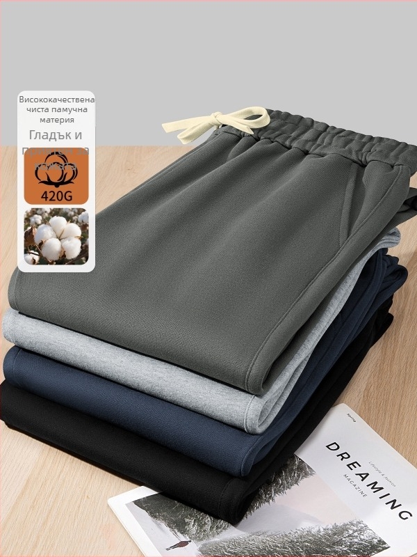 Спортно-ежедневни панталони от 100% памук, 420 g, права кройка със средна талия, с колан и връзка