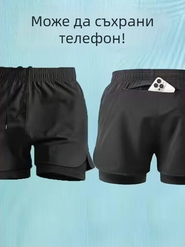 Мъжки къси спортни плувни шорти с бързосъхнеща технология и двойна подплата; дължина пет инча; полиестер; спортен стил; прав крак.