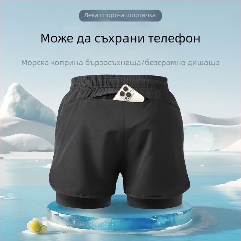 Мъжки къси спортни плувни шорти с бързосъхнеща технология и двойна подплата; дължина пет инча; полиестер; спортен стил; прав крак.