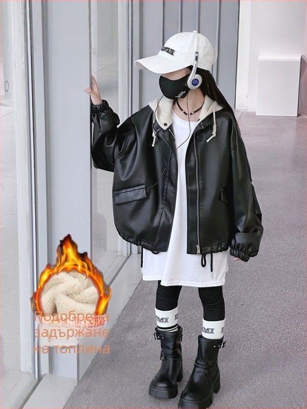 Детско момичешко PU кожено яке в корейски стил с сваляща се качулка и цип за закопчаване