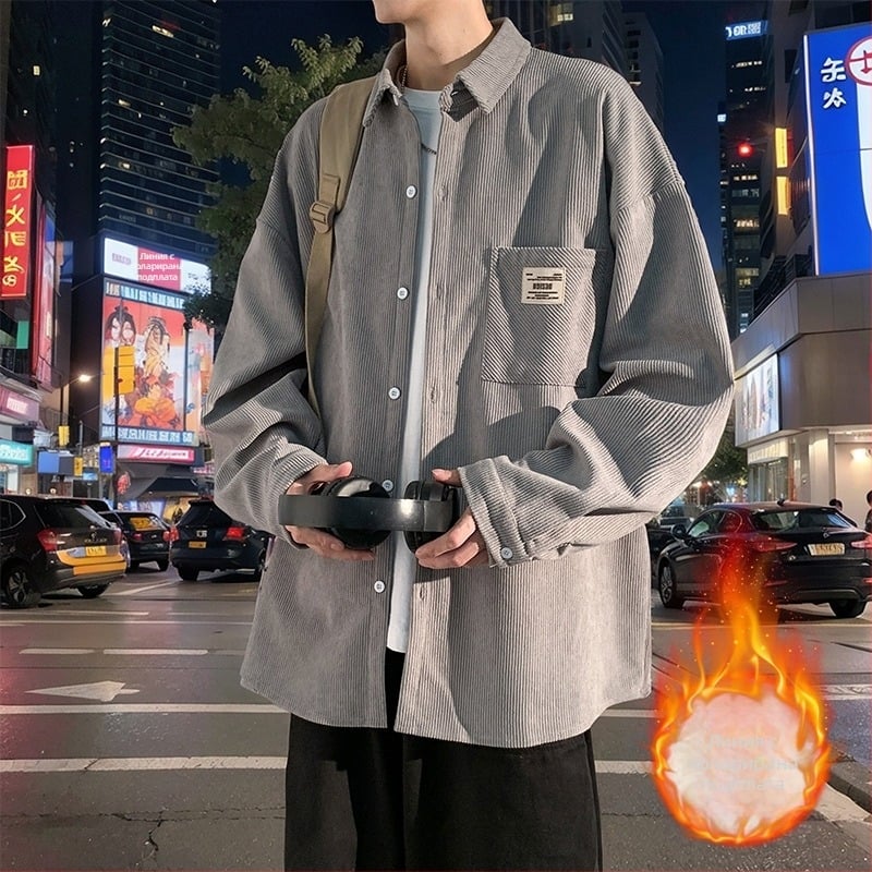 Риза corduroy за работа, мъжка с дълги ръкави, уличен стил с качулка, свободна кройка, остра яка, едноцветна, полиестер