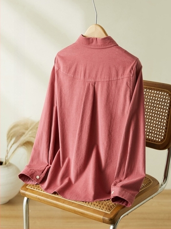 Женска памучна риза с дълги ръкави, мъхеста обработка, яка с ревър, джобове, свободна кройка, есен 2025