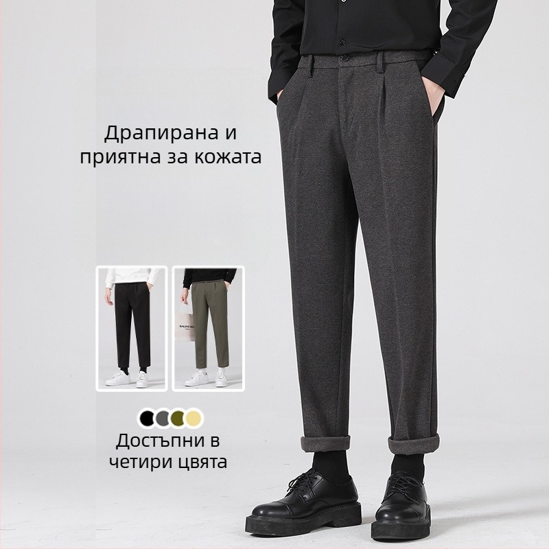 Мъжки вълнени панталони с прав разрез, cropped дължина, средна талия, плътна материя