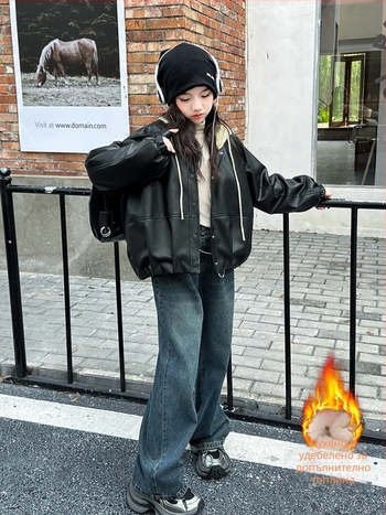 Детско кожено яке с качулка, подплатено флисом, PU кожа, къс модел, V-образна яка, за момичета над 8 г., есен 2025