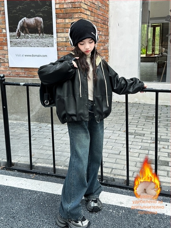 Детско кожено яке с качулка, подплатено флисом, PU кожа, къс модел, V-образна яка, за момичета над 8 г., есен 2025