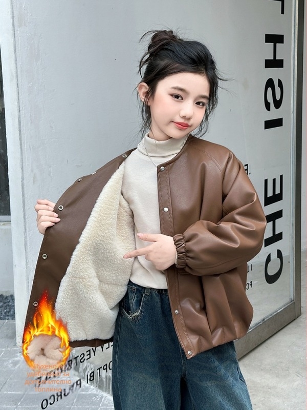 Детско кожено яке с качулка, подплатено флисом, PU кожа, къс модел, V-образна яка, за момичета над 8 г., есен 2025