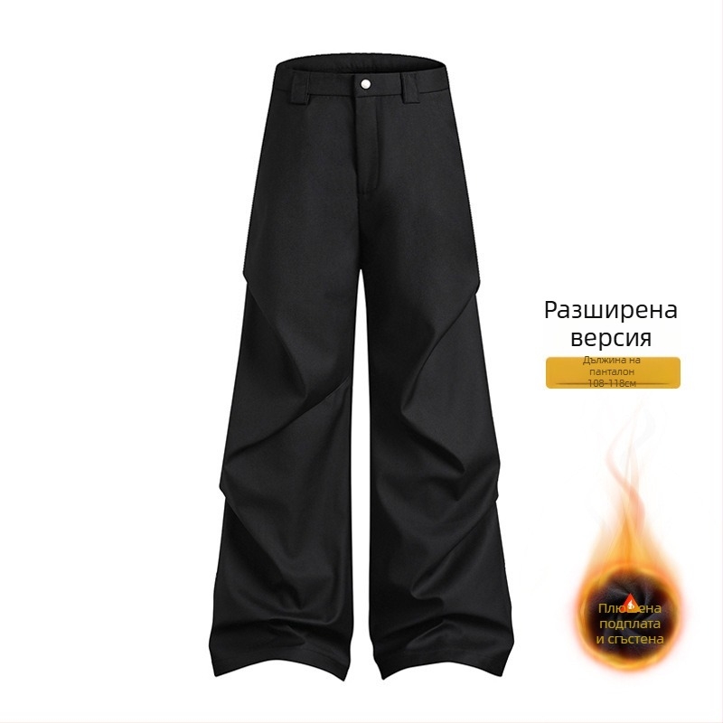 Мъжки ежедневни панталони с флисово подплата, свободна кройка, закопчаване с цип, средна талия, полиестерна смес