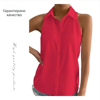 Сатенена безръкавна риза за жени – стандартна дължина, риза яка, едноцветна, 95%+ сатен полиестер, лято 2025