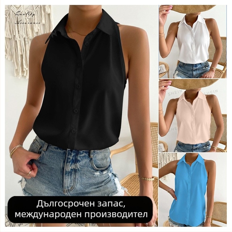 Сатенена безръкавна риза за жени – стандартна дължина, риза яка, едноцветна, 95%+ сатен полиестер, лято 2025