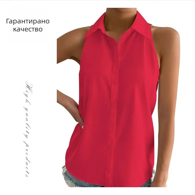 Сатенена безръкавна риза за жени – стандартна дължина, риза яка, едноцветна, 95%+ сатен полиестер, лято 2025