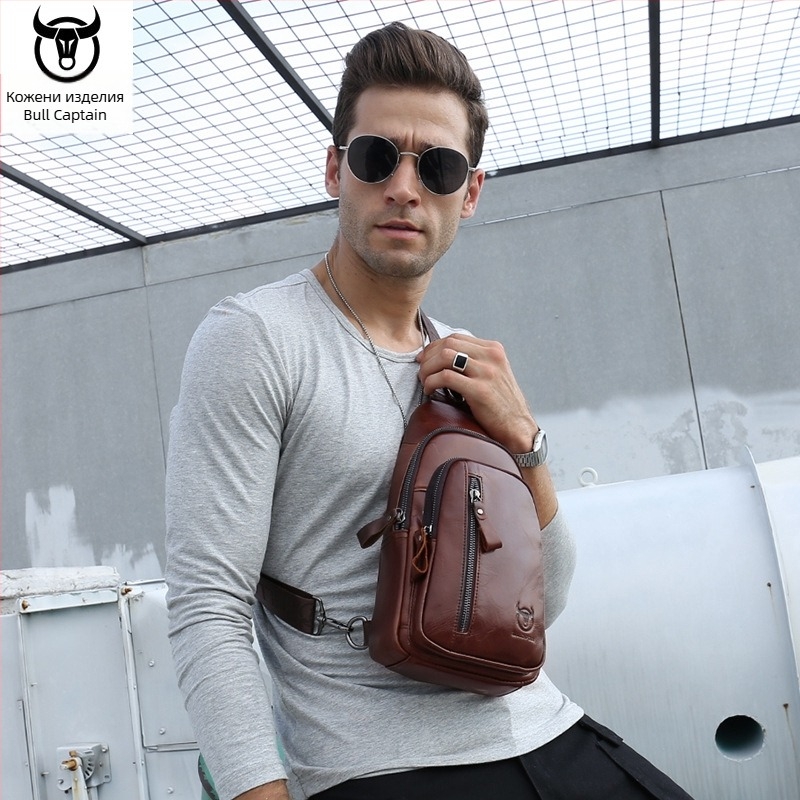 Мъжка чанта за гърди от естествена кожа, водоустойчива, подплата от полиестер