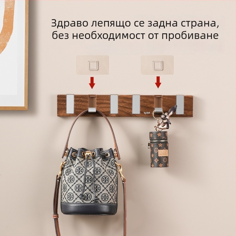Лепяща стенна закачалка с ред от четири или повече куки, пластмасова, носи 1–3 кг, дизайн с орехова шарка и пиано‑ключ стил, модерен минимализъм