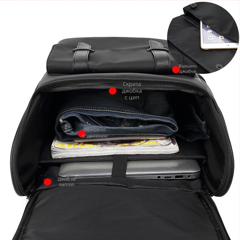 Раница от нейлон, капацитет 20–35 л, въздушно подплатени презрамки, съвместима с 15-инчов лаптоп, подходяща за пътуване