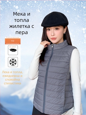 Дамска жилетка без ръкави с V-образно деколте, нейлонова материя, пълнеж полиестер-памук, зима 2025, ежедневен стил
