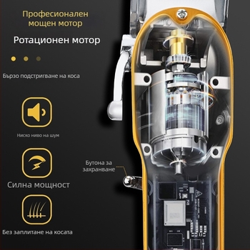 Клипър за коса с LCD дисплей, мощен мотор с четка (вградена батерия 1200–2000 mAh; нож от неръждаема стомана)