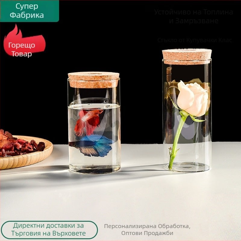 Стъклена бутилка за съхранение с подсветка - боросиликатно стъкло с висока прозрачност, коркова капачка, дисплей за гривни, прахоустойчива