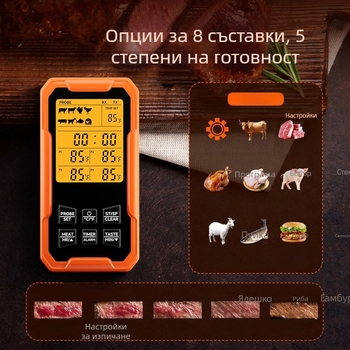 Хранителен термометър с 4 сонди, Bluetooth, водоустойчив, неръждаема стомана, за барбекю