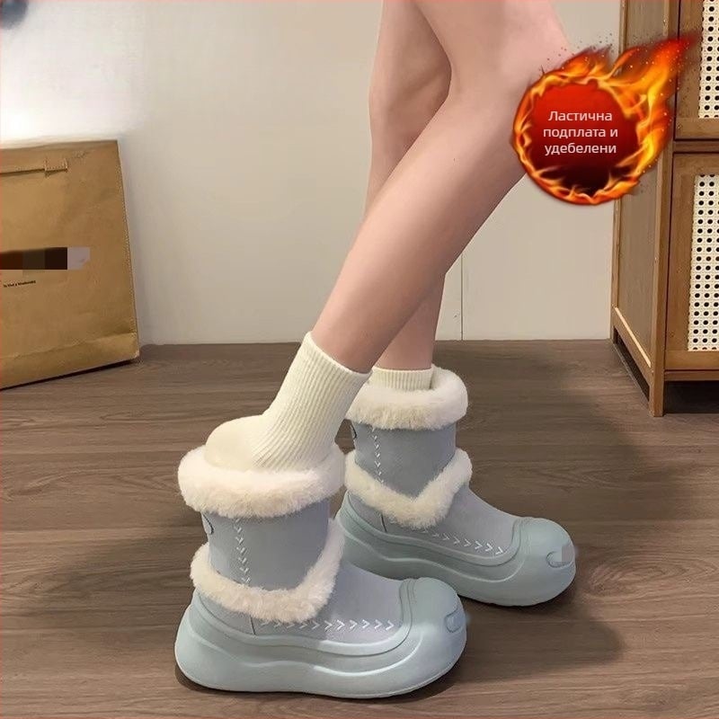 Дамски снегоботи до средата на подбедрицата с плюшена подплата, PU горна част, гумирана подметка и анти-плъзгане