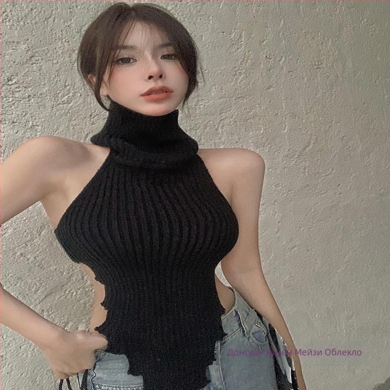 Безръкав плетен топ с висока яка за жени, тънък силует, къс модел, полиестер