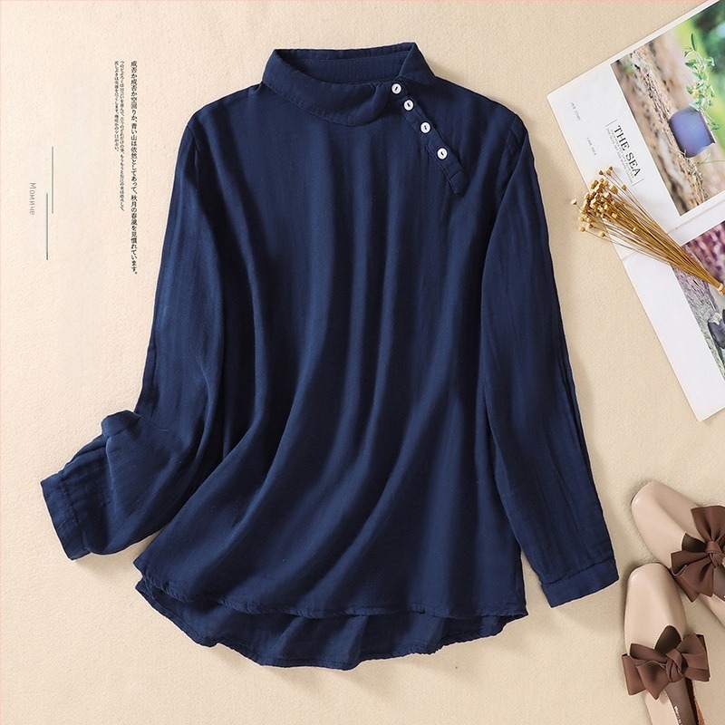 Риза с дълъг ръкав, японски стил, памучна материя, свободна кройка, шевни детайли