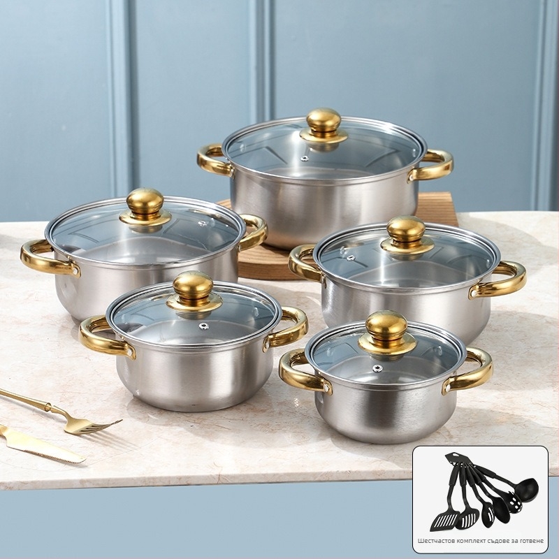 Комплект съдове за готвене от 400-серия неръждаема стомана, бездимна тенджера, стъклен капак, съвместим с общи печки, 10-частен комплект