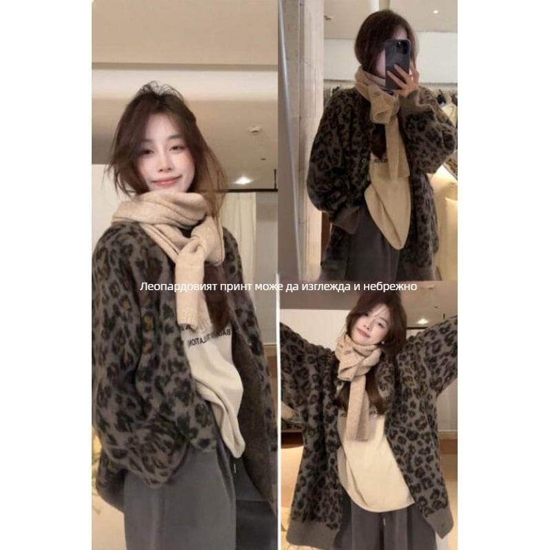 Плетен кардиган с леопардов принт, V-образно деколте, падащи рамене, овча вълна, зима 2024