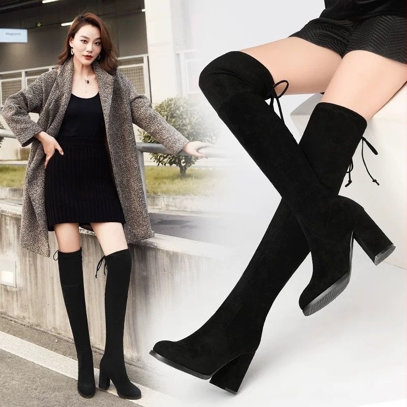 Дамски чизми над коляното с дебел ток, PU горна част, гумена подметка, подплатени изкуствен плюш, височина над коляното
