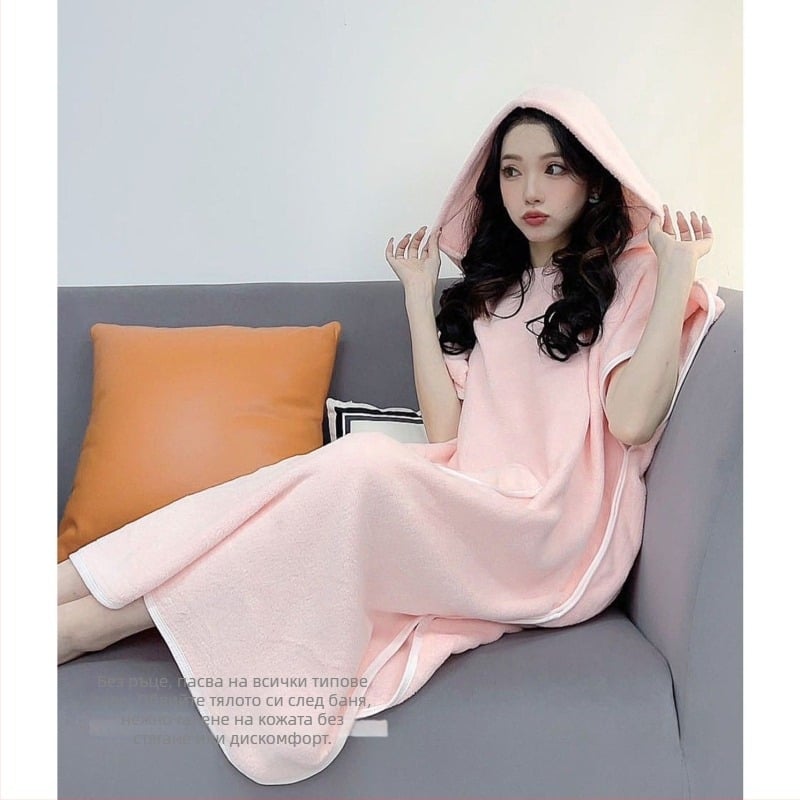 Възрастен халат за баня с качулка — носима пелерина от коралов флис, попивателен, бързосъхнещ, полиестерно влакно