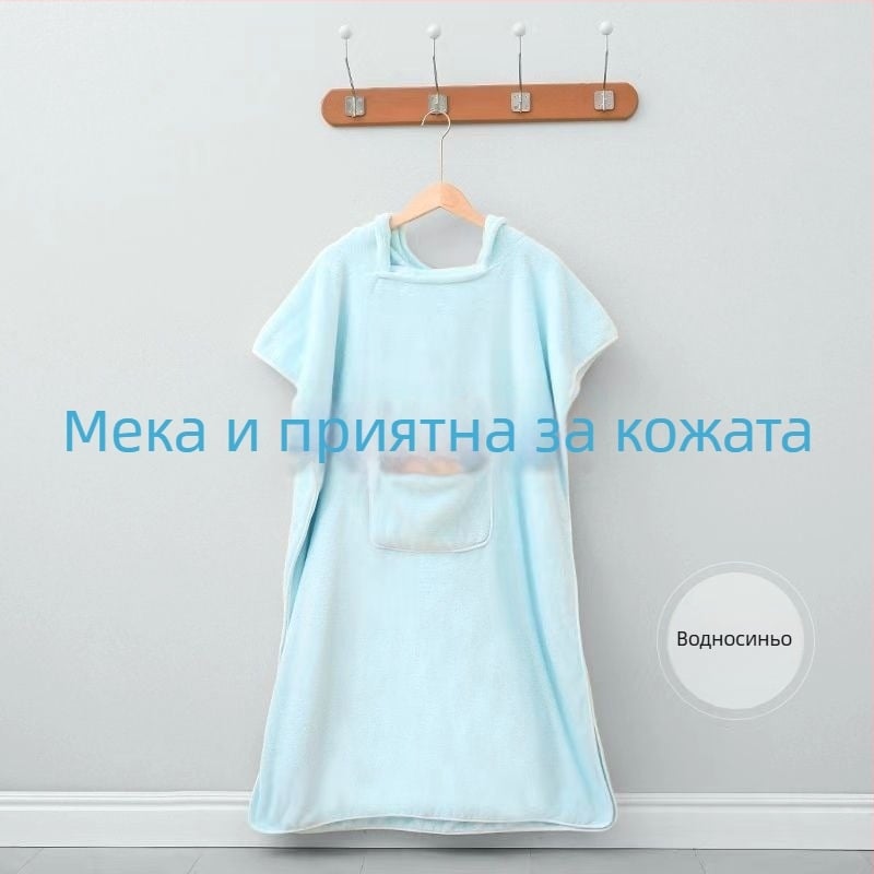 Възрастен халат за баня с качулка — носима пелерина от коралов флис, попивателен, бързосъхнещ, полиестерно влакно