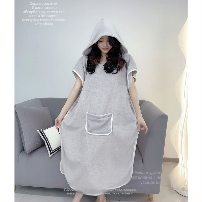 Възрастен халат за баня с качулка — носима пелерина от коралов флис, попивателен, бързосъхнещ, полиестерно влакно