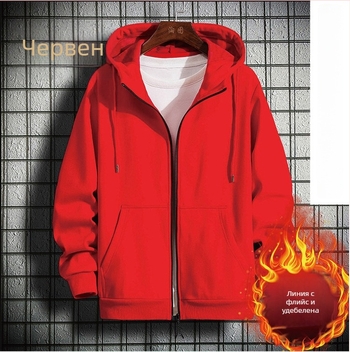 Мъжки качулков кардиган жакет, памук 91–95%, подплата от норков велур, цип, дълги ръкави, джобове с триизмерни апликации