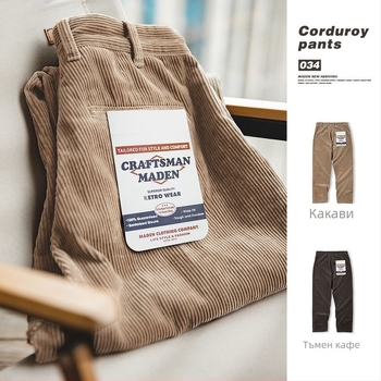 Мъжки памучни панталони с права кройка, средна талия, 100% памук, японски ретро стил, зима